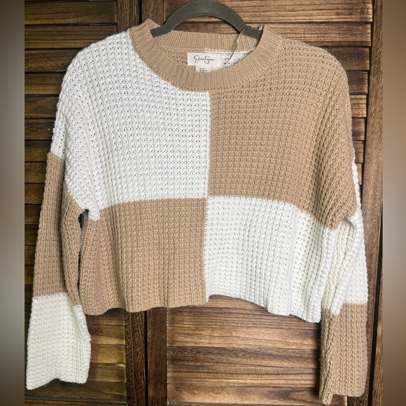 Jessica Simpson Sweaters - Jessica Simpson Beige White Long Sleeve Women Sweater 
Color Block Knit Sweater